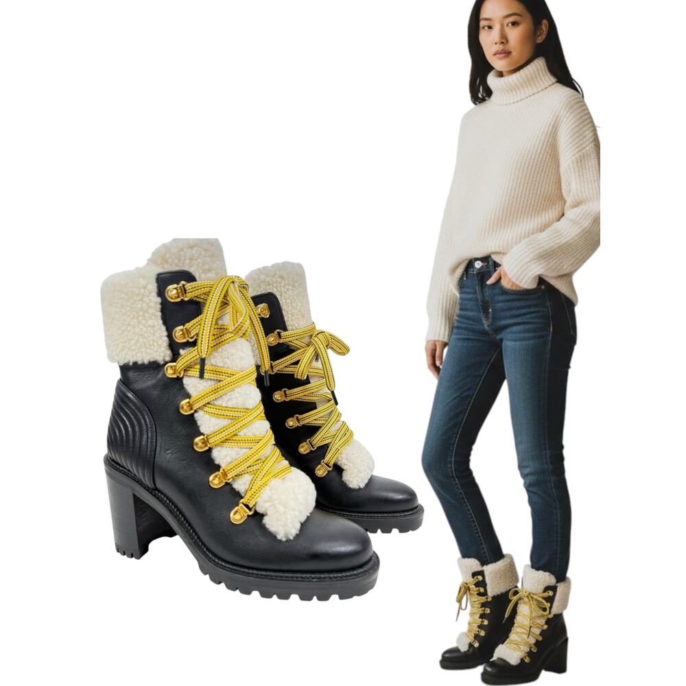 Christian Louboutin Yetita Shearling Leather Hiking Boots Black Size 36.5
